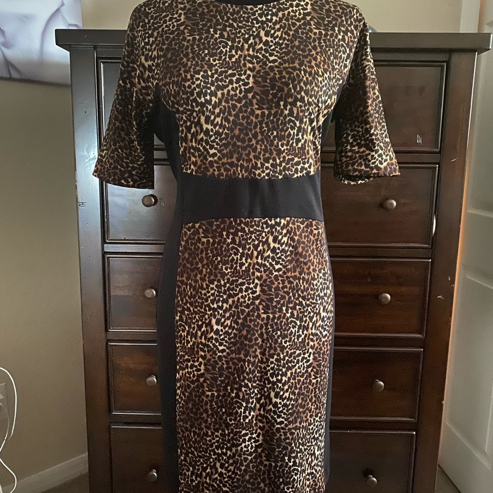EUC Leopard print, color block dress. Gold zipper.